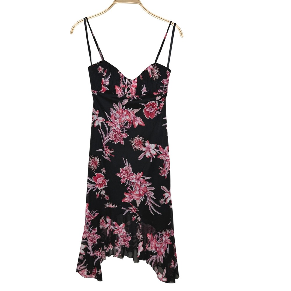 Cry‎ Triangles Black Floral Print Spaghetti Strap Midi Dress Y2K 90s Size M